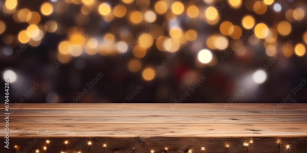Empty wooden table top with warm living room decor blur background with snow, Mock up banner for display of advertise product
