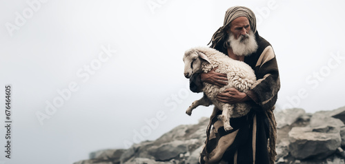 Portrait of Abraham sacrificing a ram on mount Moriah. Old testament concept.