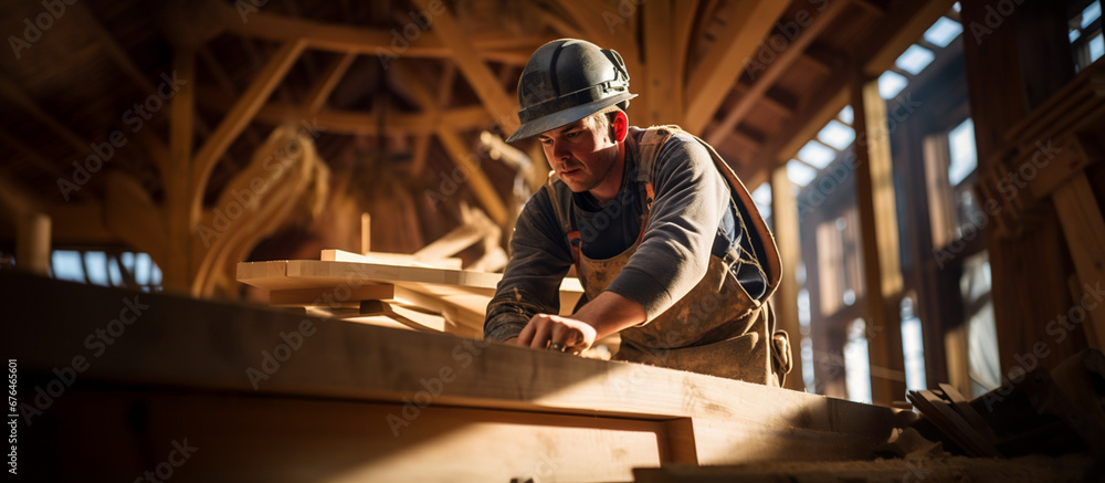 Roof worker or carpenter building a wood structure house construction Roof worker or carpenter building a wood structure house construction