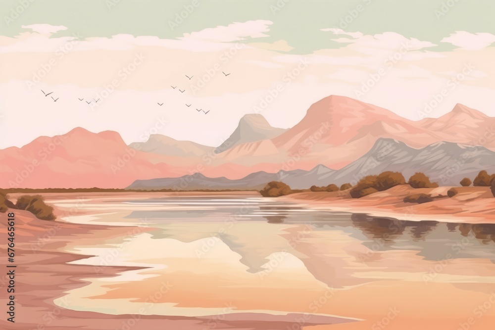 Une peinture à l'huile d'un désert avec des montagnes