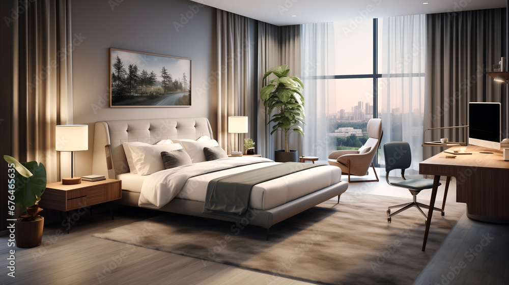 Fototapeta premium calm bedroom with a comfortable bed and natural light from the window