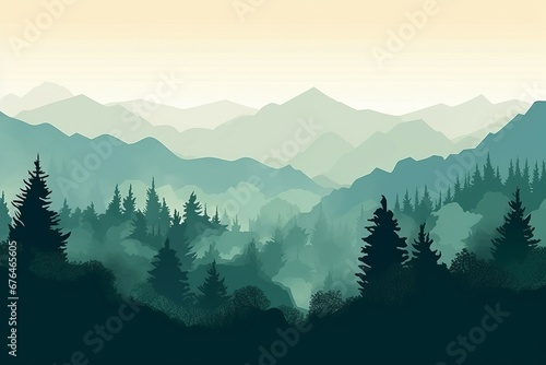 Illustration d'une chaîne de montagnes verdoyante avec des arbres © ✿🌸 Mykmicky 🌸✿