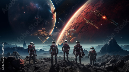 Futuristic photography of a Group of tourists in spacesuits admiring the view of a starry night sky