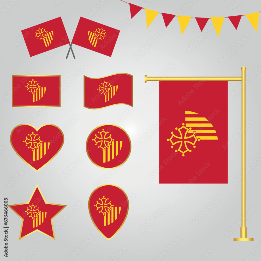 Fototapeta premium Collection of France state Languedoc Roussillon flag designs emblems and icons in different shapes 