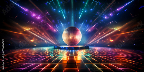 Bright disco scene with neon lights and dazzling disco ball as the centerpiece photo