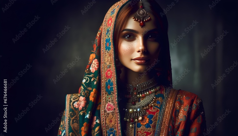 A young Indian woman dressed in traditional attire and  jewelry.