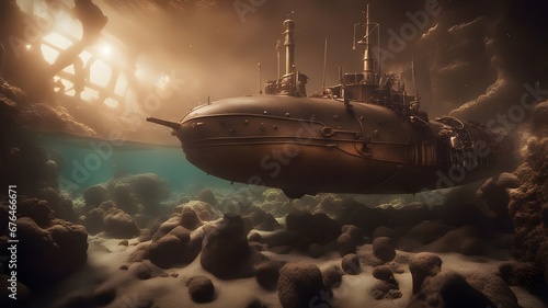 military sub in the sea    A dynamic scene of a steampunk submarine exploring a coral reef,   photo