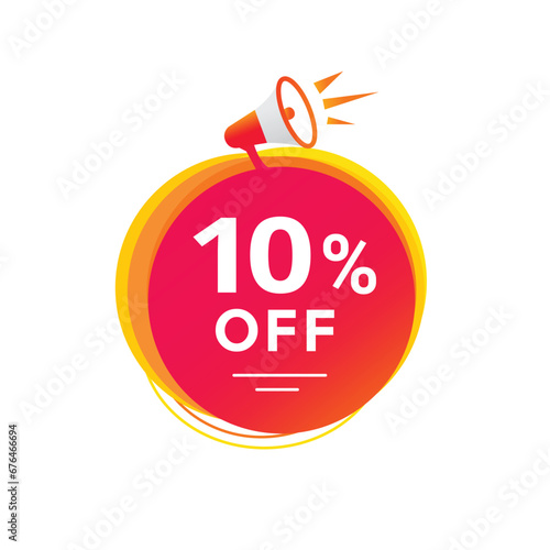 10 percent off discount banner, speech bubble megaphone icon. 10% off sale label, flat style vector template isolated on white background.