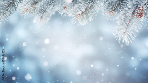 snow covered fir twigs in front of a snow winter bokeh