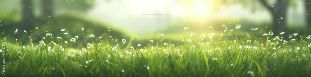 banner green grass and against the sun with bokeh and little white flowers