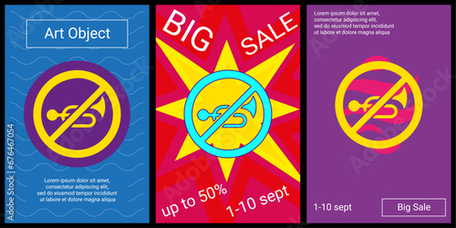 Trendy retro posters for organizing sales and other events. Large horning prohibited sign in the center of each poster. Vector illustration on black background