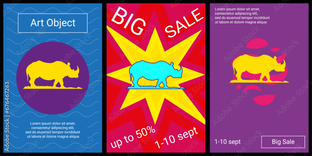 Trendy retro posters for organizing sales and other events. Large wild rhino symbol in the center of each poster. Vector illustration on black background