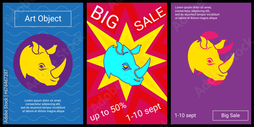 Trendy retro posters for organizing sales and other events. Large rhino head logo in the center of each poster. Vector illustration on black background