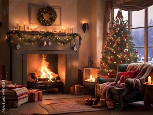 fireplace with christmas decorations in home
