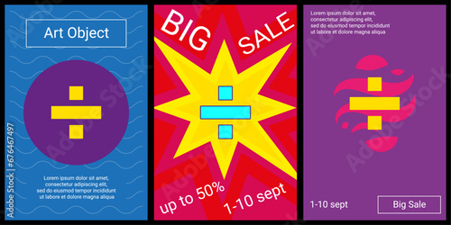 Trendy retro posters for organizing sales and other events. Large division symbol in the center of each poster. Vector illustration on black background