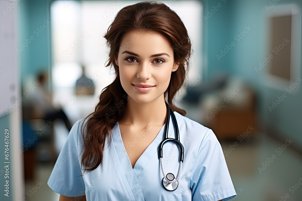 young female doctor or nurse with a stethoscope, standing in a medical environment. Ideal for healthcare, medical services, and hospital-related concepts. young female doctor or nurse with a stethoscope, standing in a medical environment. Ideal for healthcare, medical services, and hospital-related concepts.