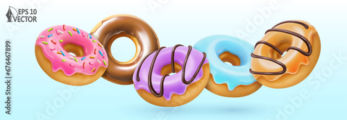 Donuts with pink glaze and chocolate, colored glaze and caramel. 3D vector realistic objects. Food icons set for packaging design