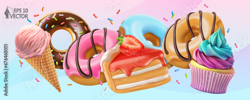 Sweet food 3d realistic vector icon set. Strawberry cake, donuts with colored icing, cupcake with whipped cream and ice cream. Illustrations for advertising and packaging design
