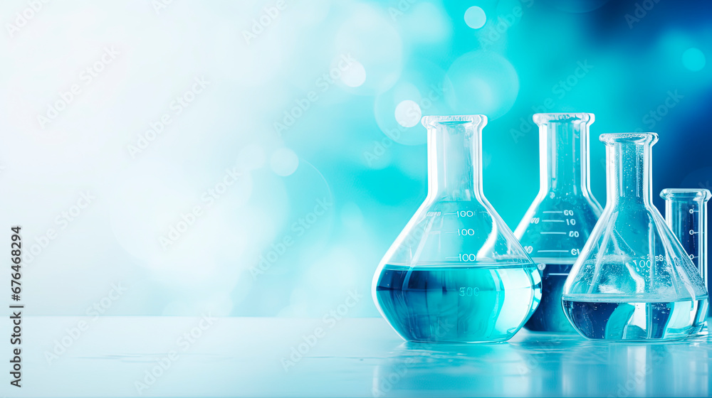 A scientific beaker in a laboratory on a table on a blurred background. - obrazy, fototapety, plakaty 