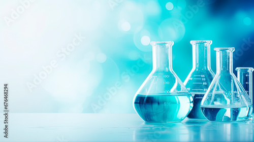 A scientific beaker in a laboratory on a table on a blurred background.