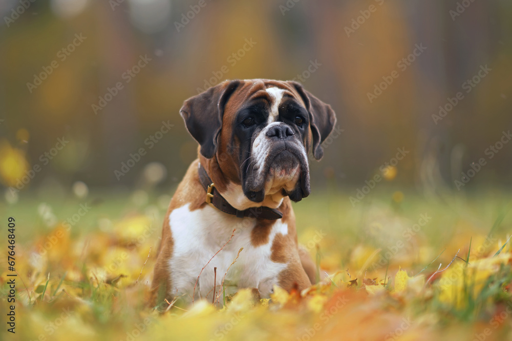 Obedient fawn and white Boxer dog with a brown leather collar posing outdoors lying down in a green grass with fallen yellow maple leaves in autumn Obedient fawn and white Boxer dog with a brown leather collar posing outdoors lying down in a green grass with fallen yellow maple leaves in autumn