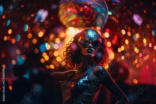 Disco ball and a disco dancer in motion. Surreal and visually striking representation of the disco era's energy and glamour.