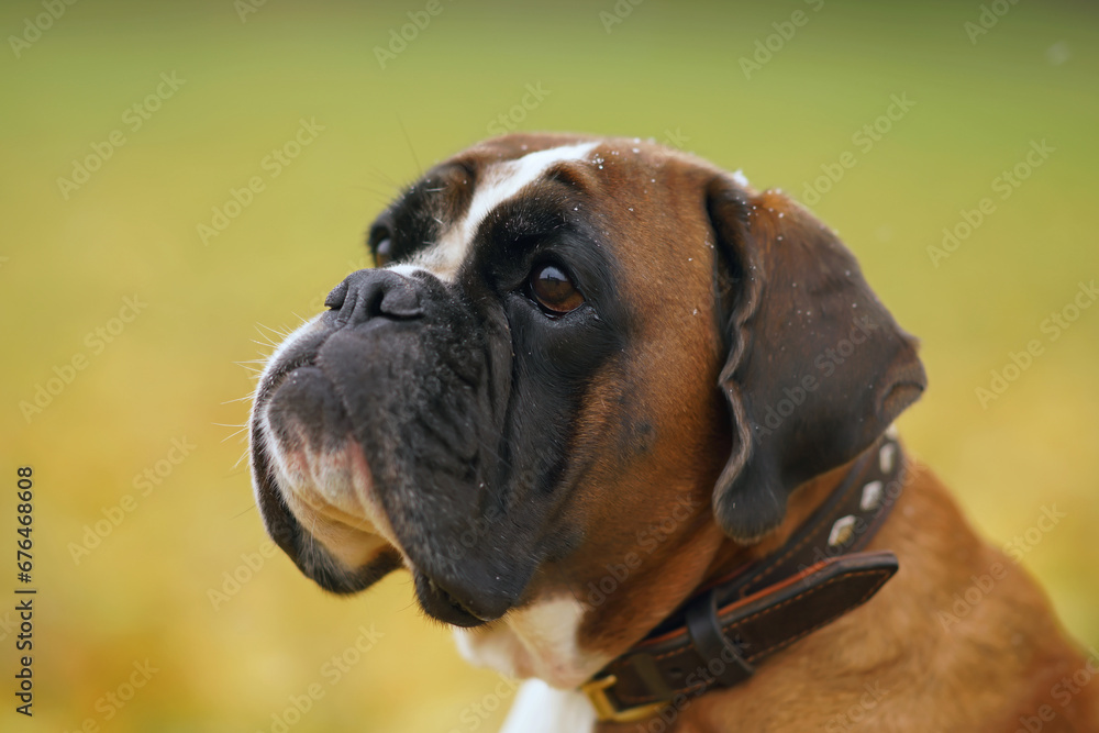 The portrait of a serious fawn and white Boxer dog with a brown leather collar posing outdoors in autumn The portrait of a serious fawn and white Boxer dog with a brown leather collar posing outdoors in autumn