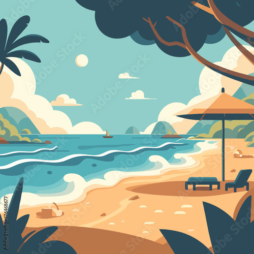 Beach Landscape Vector Flat Design Illustration