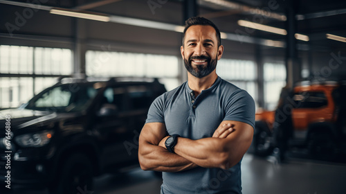 confident owner with crossed arms standing.auto salesman.
car repair shop photo