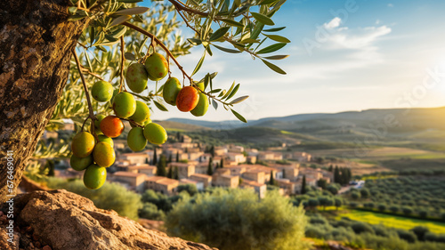 Olive tree landscape and andalusian village style in background photo