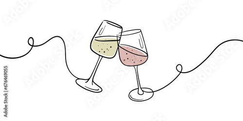 Continuous line champagne cheers one line art, continuous drawing contour. Wine glasses with drinks. Cheers toast festive decoration for holidays. Vector illustration