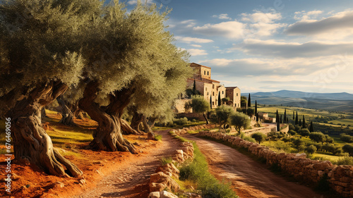 Olive tree landscape and andalusian village style in background