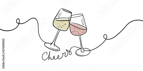 Continuous line champagne cheers one line art, continuous drawing contour. Wine glasses with drinks. Cheers toast festive decoration for holidays. Vector illustration