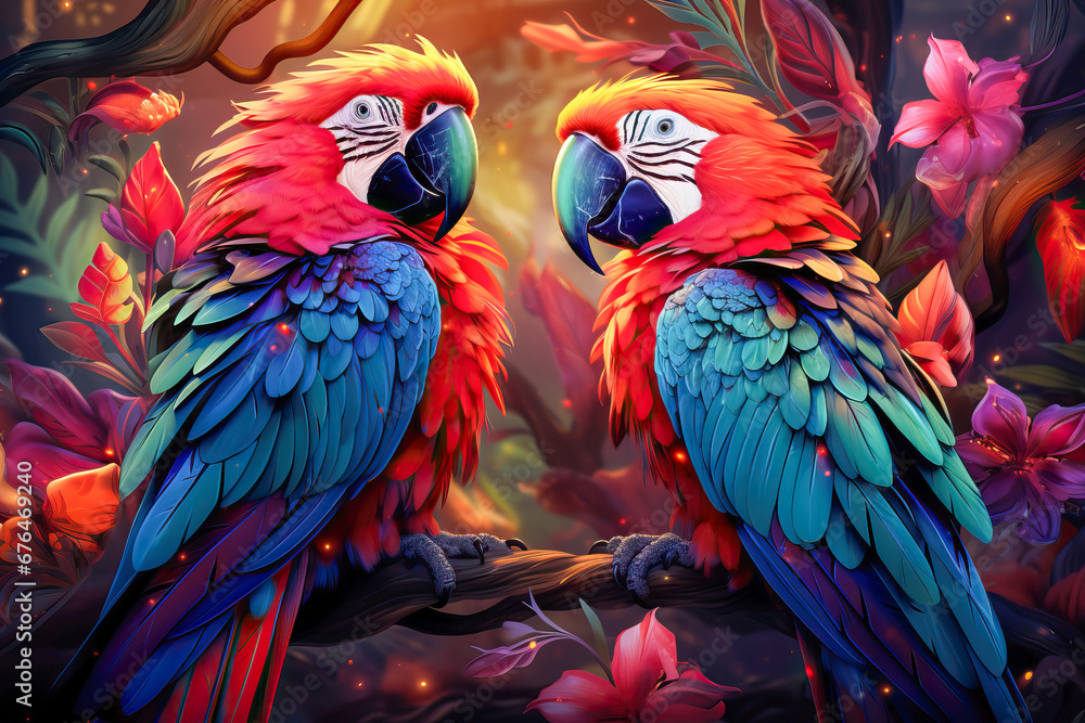 Exotic birds in the jungle, aesthetic background Exotic birds in the jungle, aesthetic background