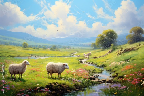 Meadow with sheep and flowering grass