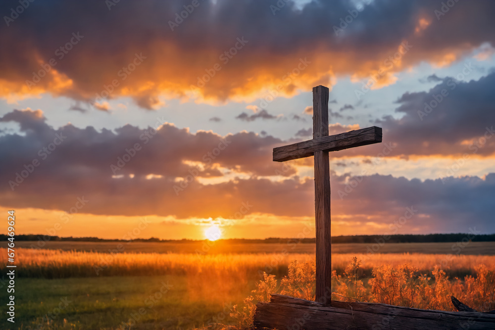 Rustic wooden cross in a farm field at sunset, symbolizing hope