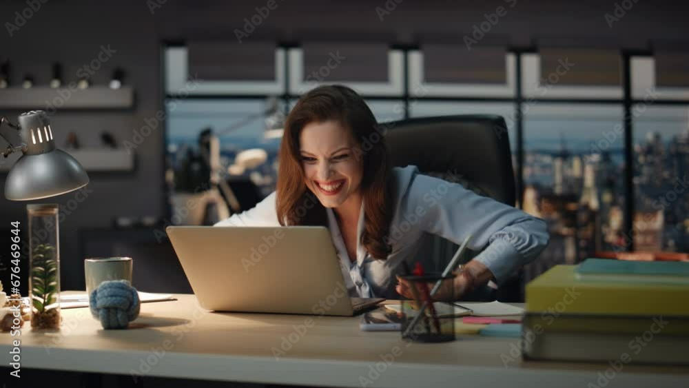 Business lady happy success rejoicing victory in office night. Ceo enjoying win Business lady happy success rejoicing victory in office night. Ceo enjoying win