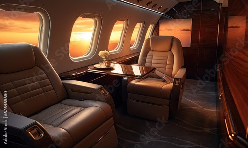 Luxury business jet plane airplane private jet empty interior during flight fast bright luxurious seat leather chair materials windows glass wealth journey flying evening landing style stylish design