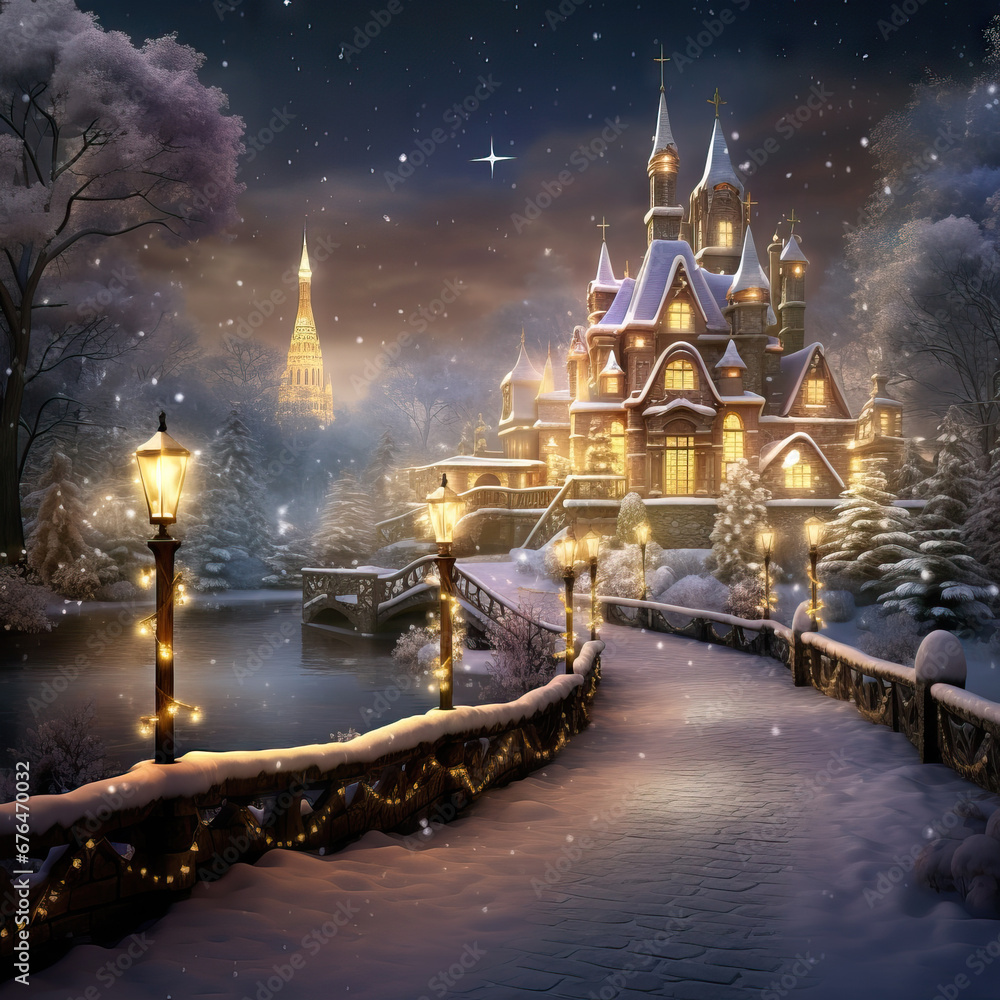 winter wonderland landscape, beautiful light and fantasy, generative AI