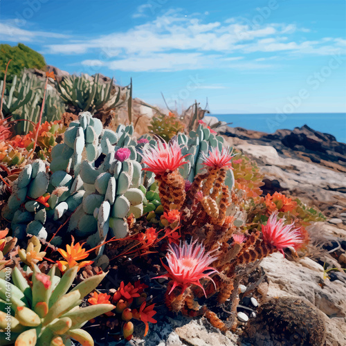 Illustration of many cacti and other plants growing near the sea