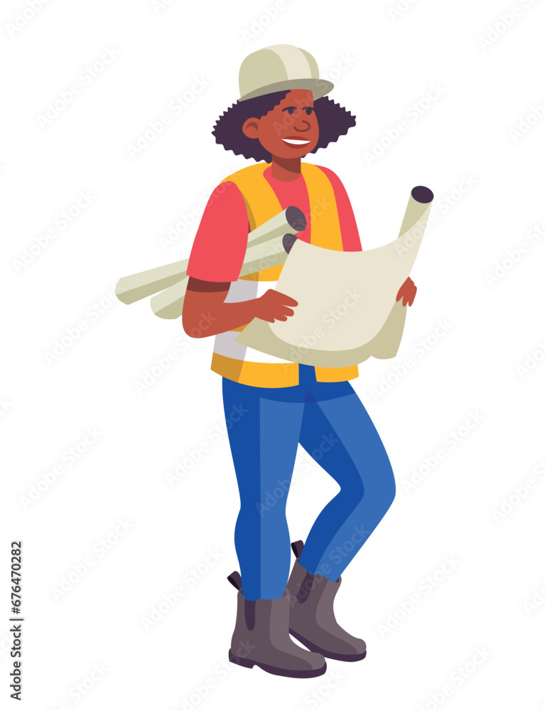 Building Construction worker, a woman holding a plan of the dockyard. Wearing security helmet. Vector and colorfull illustration. Separated items on a white background Building Construction worker, a woman holding a plan of the dockyard. Wearing security helmet. Vector and colorfull illustration. Separated items on a white background