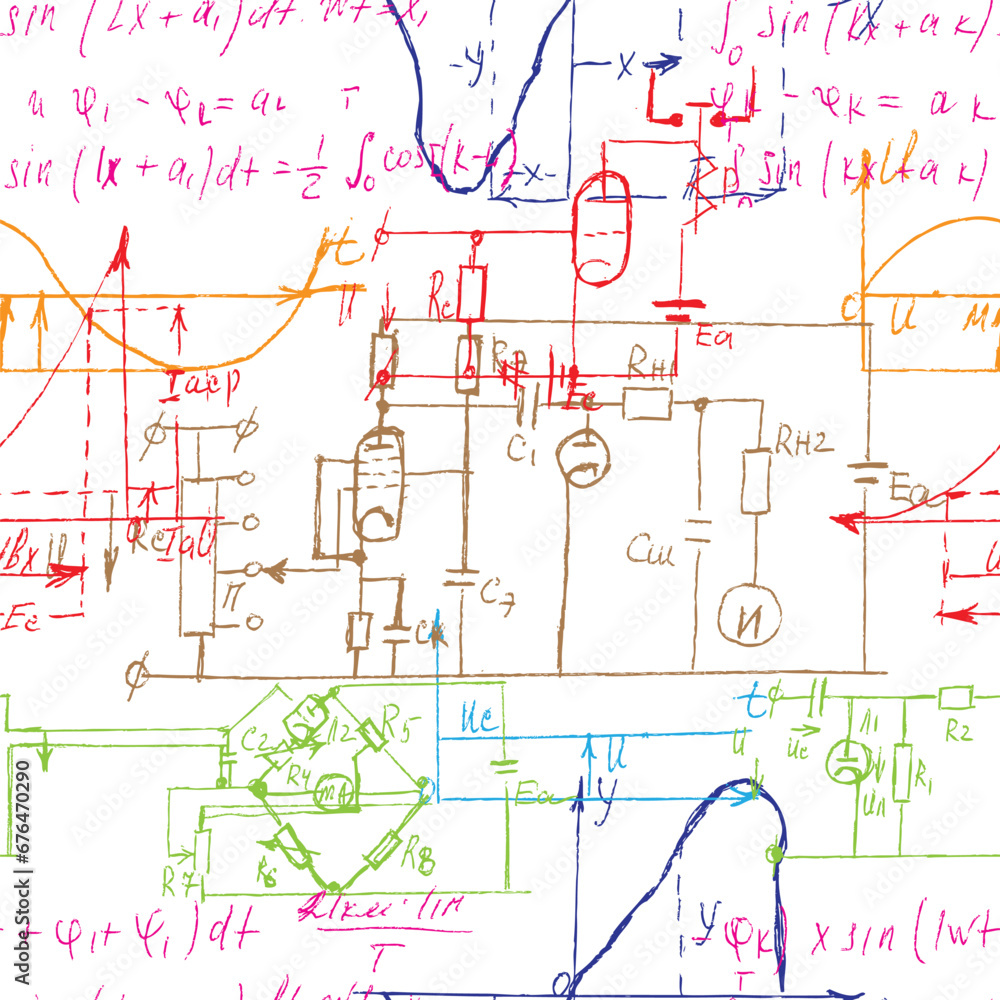 Scientific seamless background with handwritten mathematical and physical formulas, electronic components, schematic diagram and circuit of the devices. Electrician pattern. Vector. Scientific seamless background with handwritten mathematical and physical formulas, electronic components, schematic diagram and circuit of the devices. Electrician pattern. Vector.