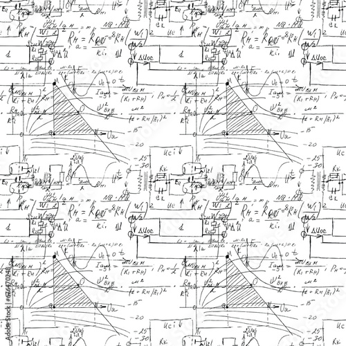 Scientific seamless texture with handwritten formulas and electronic components. Drawing of various graph solutions on white. Physics and schematic diagram and circuit of  the devices. Vector.