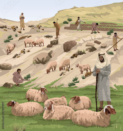 Biblical illustration showing sheep lying down in green pasture beside the Good Shepherd; with restless sheep and people working hard to make the soil fertile in the background, as in Psalm 23:2.