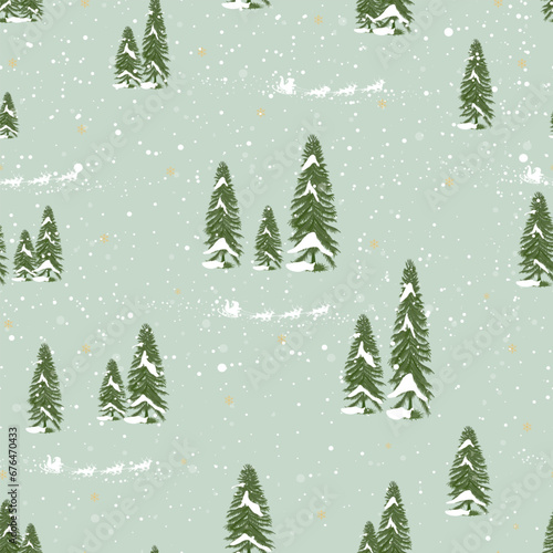 Christmas Seamless pattern,Winter landscape pine tree forest,Santa Claus riding on sky,Cute pattern for celebrating on Christmas Eve,Flat cartoon seamless for Xmas,New Year 2024 concept