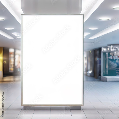 Public shopping center mall or business center advertisement board space as empty blank white mockup signboard with copy space area, Generative AI