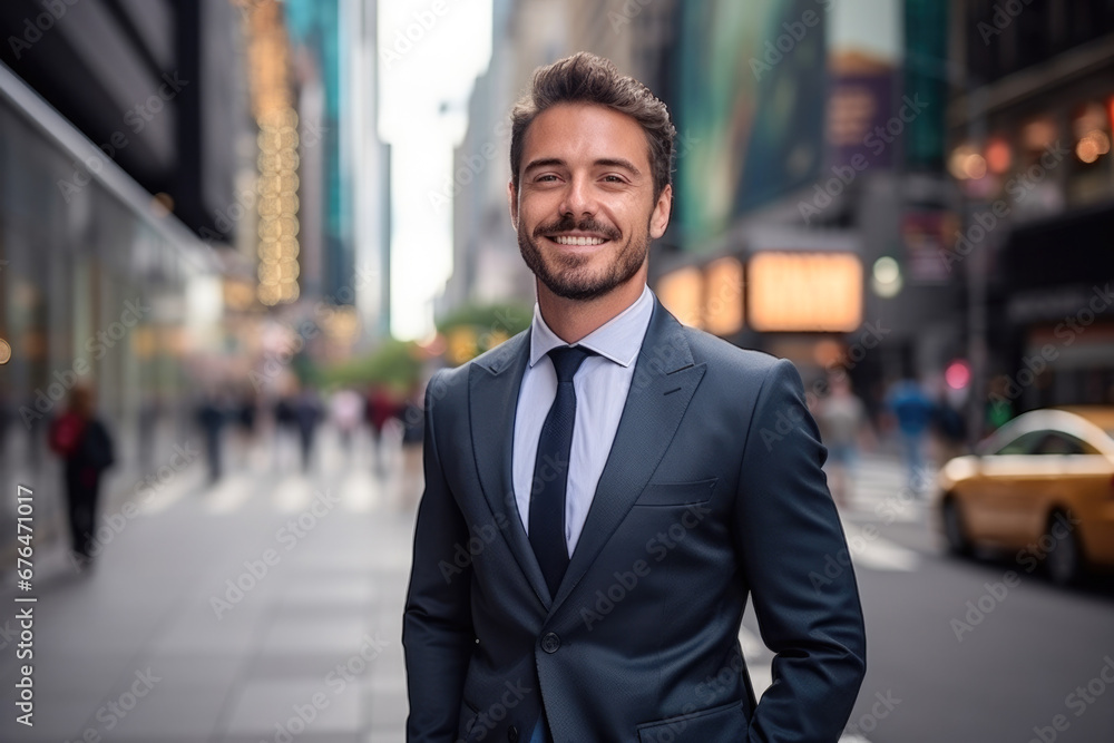Wealthy attractive happy young male executive smiling looking away posing in downtown new york. Wealthy attractive happy young male executive smiling looking away posing in downtown new york.