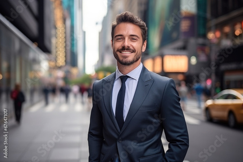 Wealthy attractive happy young male executive smiling looking away posing in downtown new york.