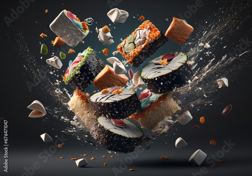 Sushi pieces and chopsticks for sushi flying in air. Generative AI