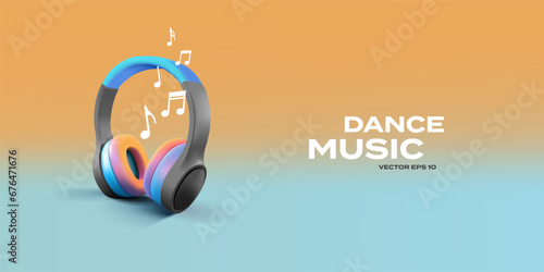Modern color portable 3D headphones with notes, and music. Banner for dance music design concept, listening to your favorite tracks.